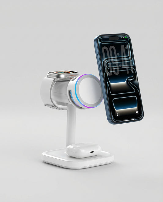 Schlussel 3-in-1 wireless charger powering iPhone, Apple Watch, and AirPods simultaneously.