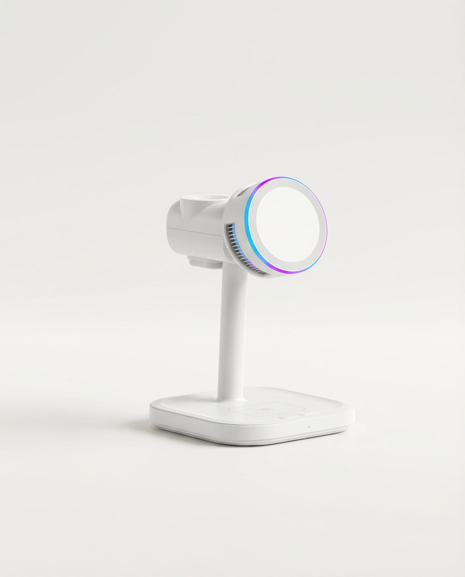 Side view of Schlussel white 3-in-1 wireless charging station with LED light ring.
