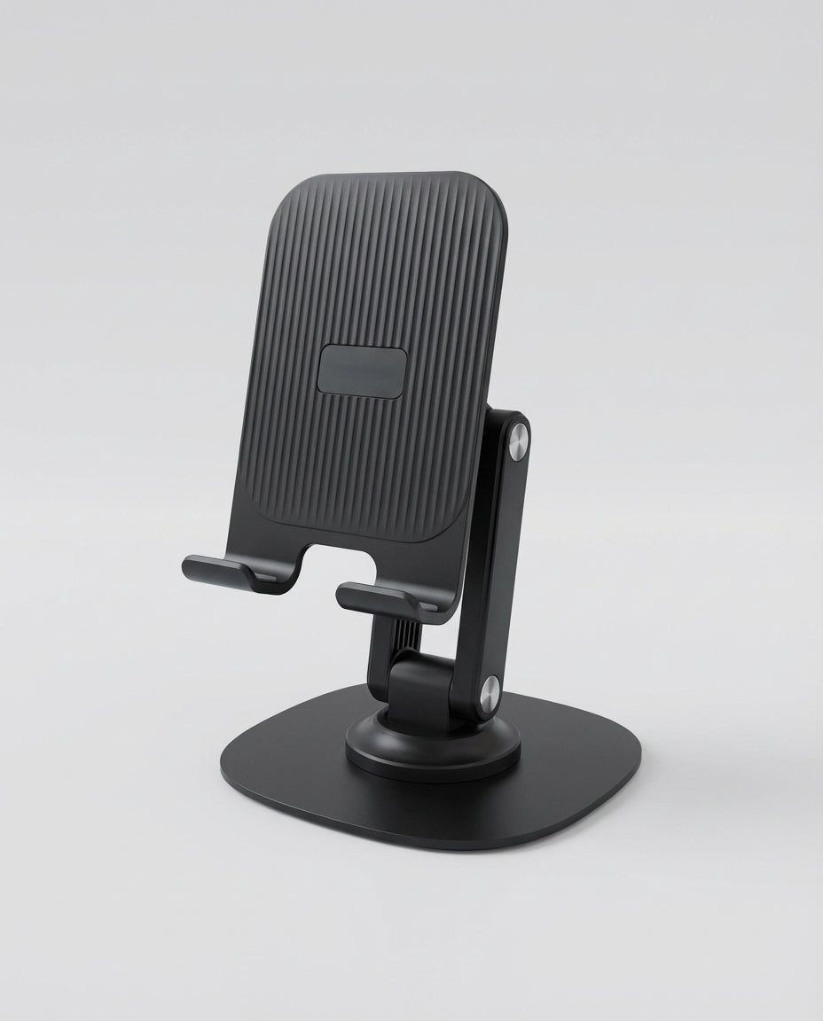 Schlussel adjustable black phone stand with sturdy base and ergonomic viewing angle.