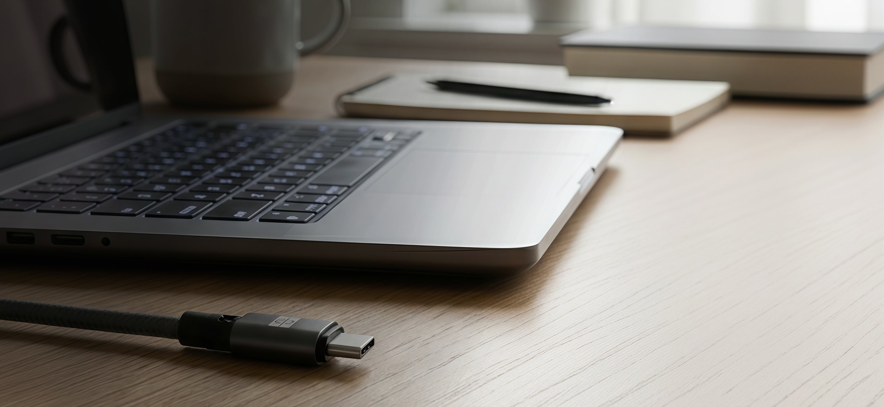 Schlüssel charging cable connected to a laptop on a minimalist wooden desk