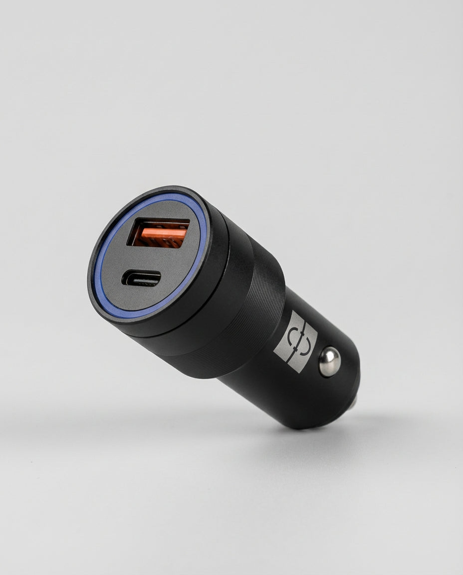 Schlussel dual-port car charger with USB-A and USB-C fast charging ports.