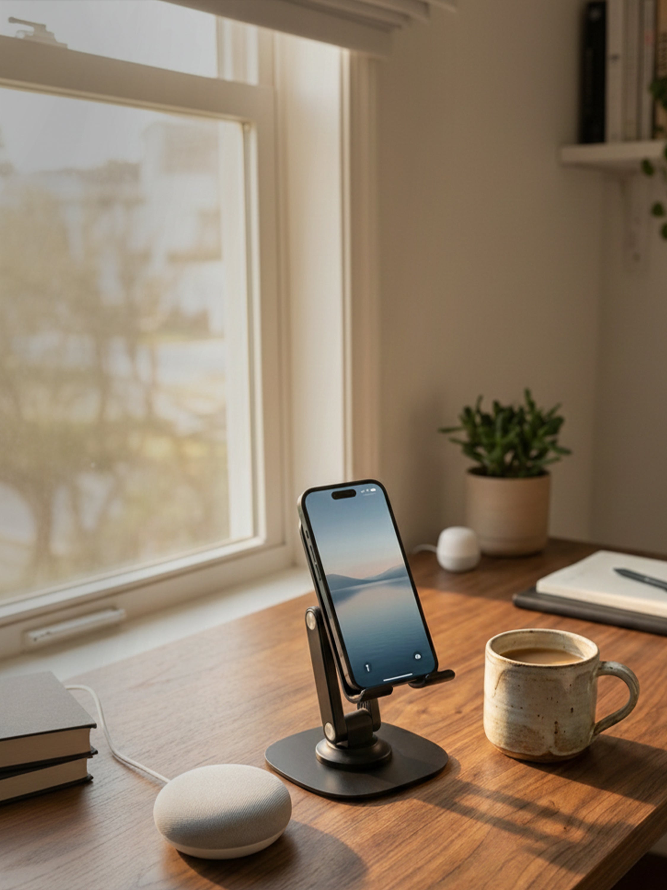 Smartphone on a minimalist desk stand in a warm workspace with natural light and modern decor
