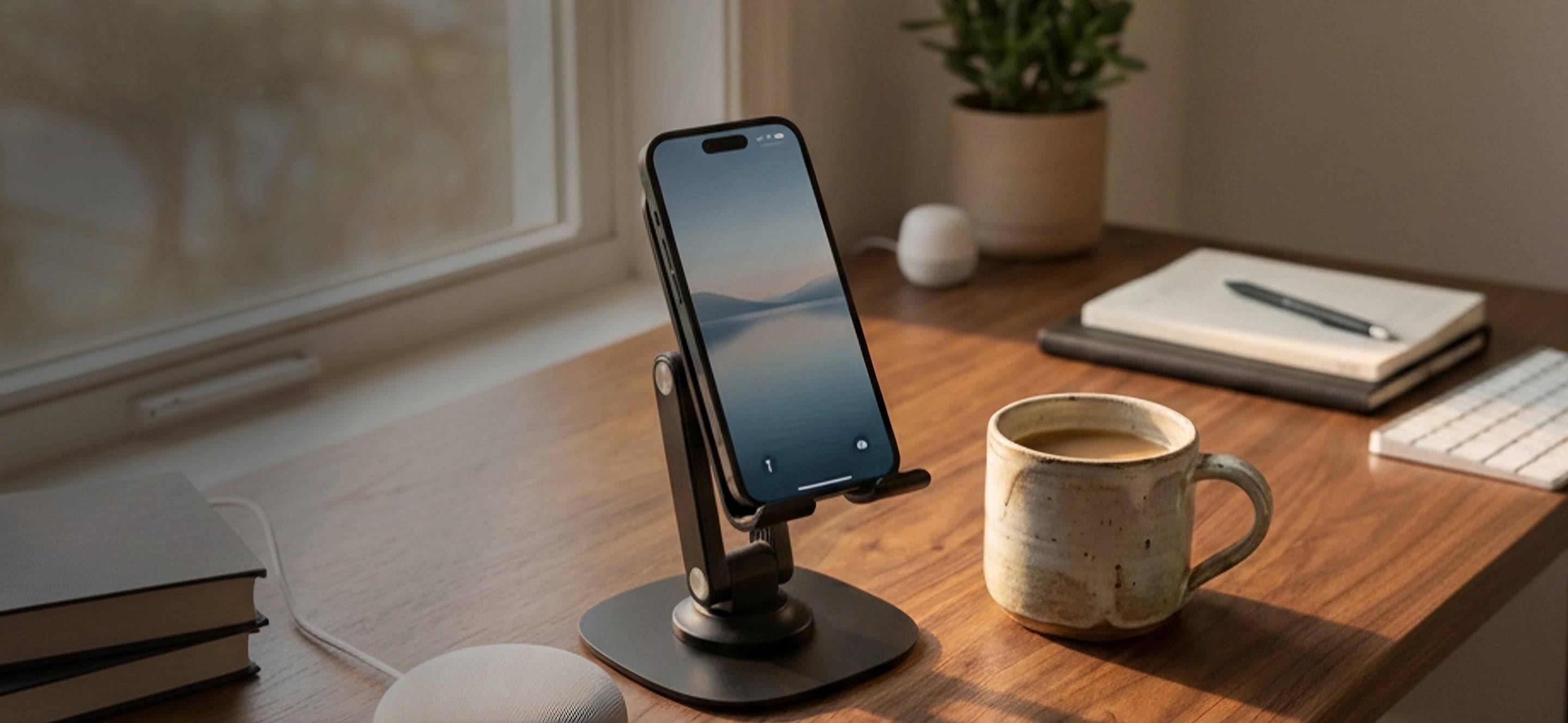 Smartphone on a minimalist desk stand in a warm workspace with natural light and modern decor