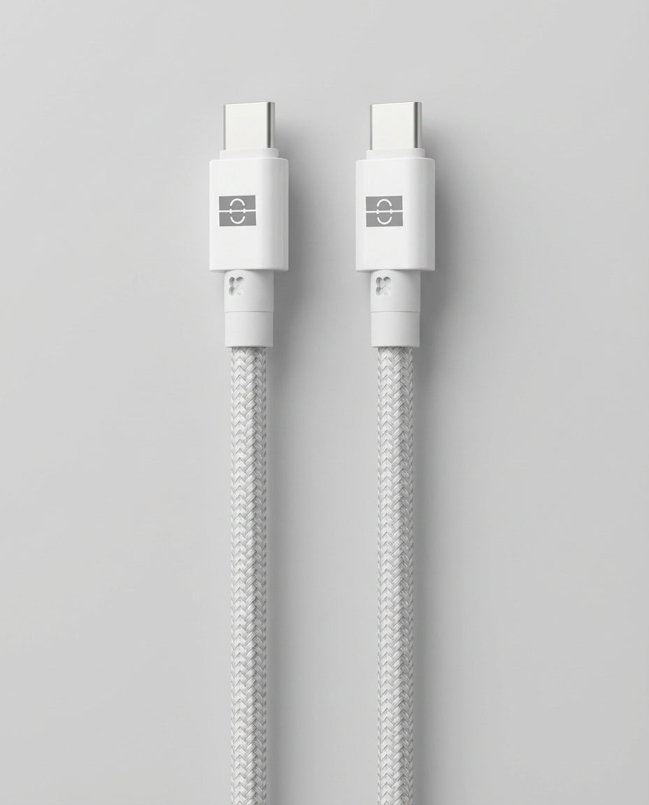 Schlussel white braided USB-C to USB-C cable with reinforced connectors.