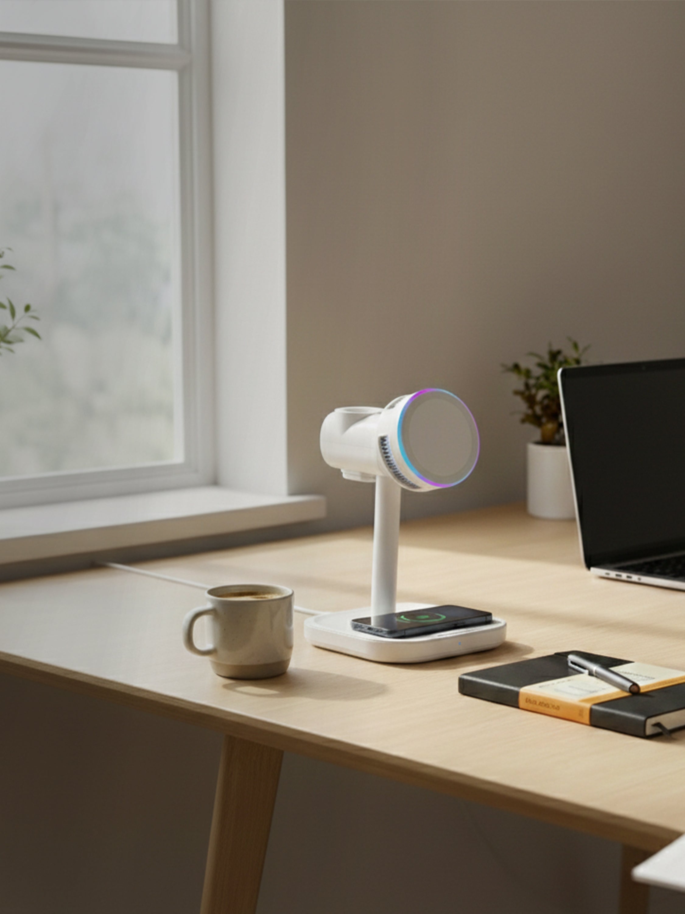 Schlüssel wireless charger on a minimalist wooden desk with a modern workspace setup